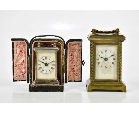 A chrome cased miniature carriage clock produced by the Ansonia Clock Company, New York, height 8cm, cased, and a brass cased
