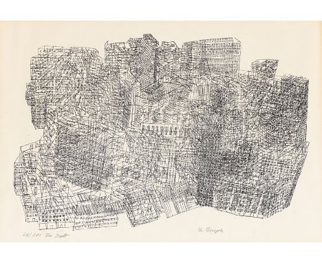 (See English version below)Thomas Bayrle (Berlin 1937 – lebt in Frankfurt am Main). „Die Stadt“. Lithografie auf Papier.  24,