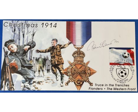 Bobby Charlton Signed Christmas 1914 Truce in the Trenches First Day Cover. Good Luck TO England Postmark with British Footba