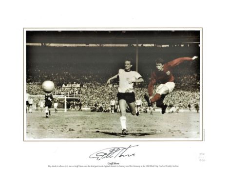 Football, Sir Geoff Hurst signed 12x16 colourised photograph picturing Hurst scoring the famous Hat Trick goal winning Englan