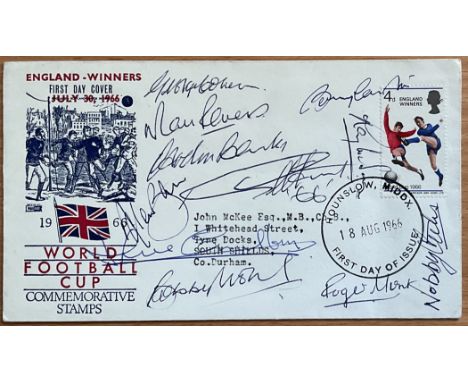 England 1966 Winners Multi Signed Football World Cup Commemorative FDC. Signatures include George Cohen, Martin Peters, Bobby