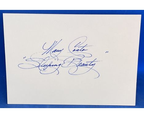 Mary Costa (Sleeping Beauty) signed 6x4 inch Pink Autograph Card. Signed in blue ink. she is the last surviving original voic