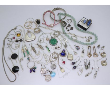 A silver Links of London bracelet, a silver bangle, opal doublet ring, kyanite ring, items by Ortak etc Condition Report:Avai