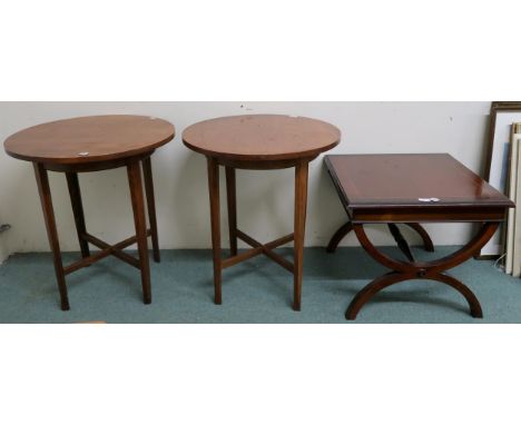 A lot comprising pair of 20th century oak circular topped tables with chamfered supports joined by crossed stretchers, 68cm h