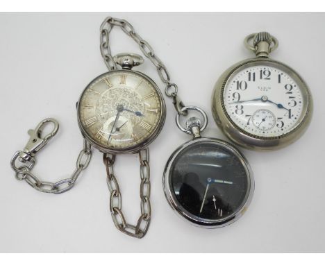 Three pocket watches, a silver example with a decorative engraved dial diameter 5.2cm, 1871 London hallmarks, a chromed milit