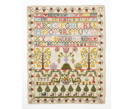 A VICTORIAN NEEDLEWORK SAMPLER Dated 1885, unmounted and unusually well-preserved, the field embroidered with floral devices,