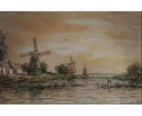 JAMES HAMILTON GLASS&nbsp;Windmills and cottages, signed, watercolour, 31 x 47cm and a print AFTER FRAGONARD (2) Condition Re