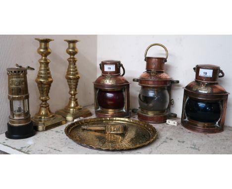 A mixed lot to include copper and brass miniaturised ships lanterns, brass miners lantern, pair of brass candlesticks, brass 