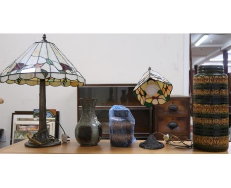 A lot comprising Tiffany style table lamp with stained leaded glass shade, smaller stained glass shade table lamp and three a