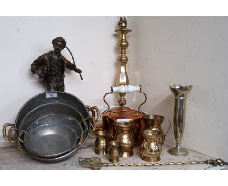 A mixed lot to include spelter figure, brass table lamp, four graduating copper pans with tinned interiors, five graduating b