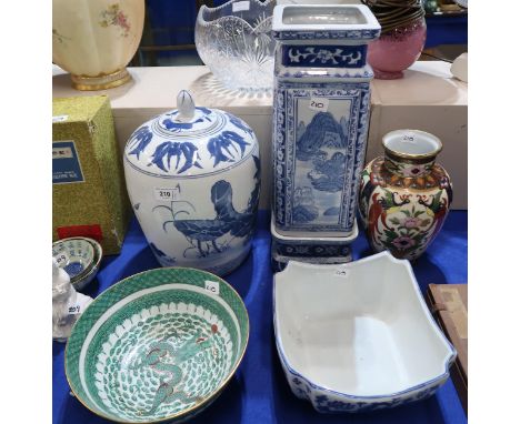 A Noritake lamp base, a blue and white square vase on pedestal , blue and white jar and cover and two bowls Condition Report: