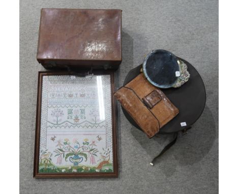 A undated sampler, a hat box, a leather case, a handbag nd a barbola mirror Condition Report:Available upon request