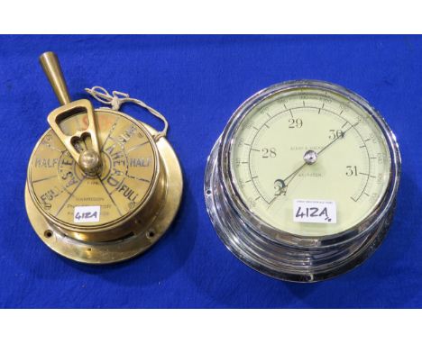A bulkhead barometer by Berry &amp; MacKay of Aberdeen and a ship's engine order telegraph marked "Harrison Pneuselector" Pat
