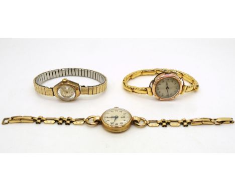 A 9ct gold ladies vintage watch with an 18ct gold strap, together with two 9ct gold ladies Avia watch heads, weight together 