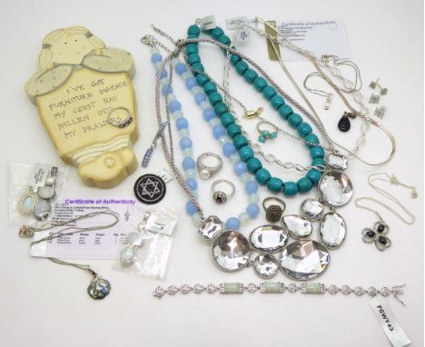 Two silver, drusy quartz, moonstone and pearl pendants, silver Chinese white hardstone bracelet with Chinese symbols, further