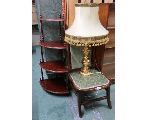 A lot comprising early 20th century bedroom chair, four tier corner what-not, Vienna style wall clock and a brass based table