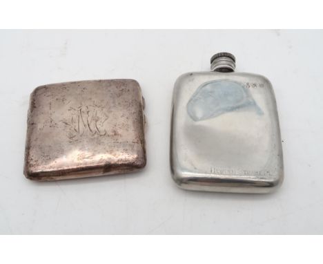 A silver cigarette case, by Colen Hewer Cheshire, Chester, of rectangular form, monogrammed, and a plated hip flask, Hewden S