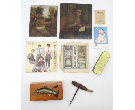 A Dutch copper and brass tobacco tin, 19th century corkscrew with turned wooden handle, burr-wood box on an angling theme, pa