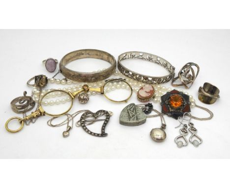 A white metal antique luckenbooth brooch, a silver Mackintosh style bangle, a silver hollow engraved bangle, hallmarked Birmi
