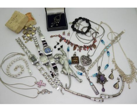 A silver Norwegian marriage brooch, a silver amethyst, faux pearl and marcasite pendant and chain,a silver moonstone and aqua
