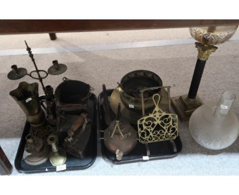 A brass oil lamp of column form, assorted brass including a trivet, irons, etc Condition Report:No condition report available