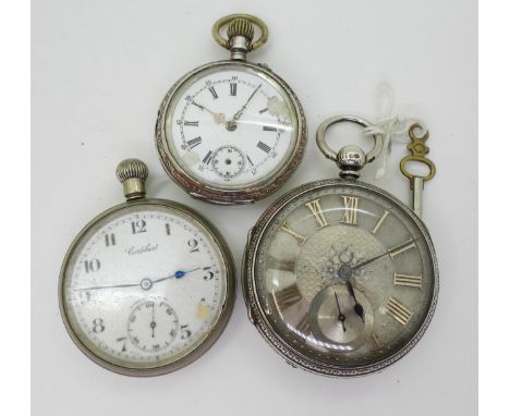 A large silver pocket watch with a decorative dial, diameter 5.8cm, London hallmarks for 1890, a continental example with dec