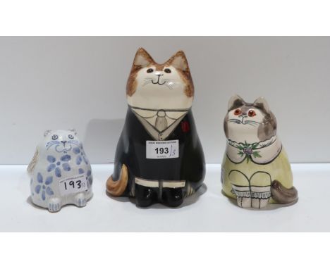 Two Joan and David De Bethel, Rye ceramic cats, one dated 1987 together with a Burnham pottery cat Condition Report:Available