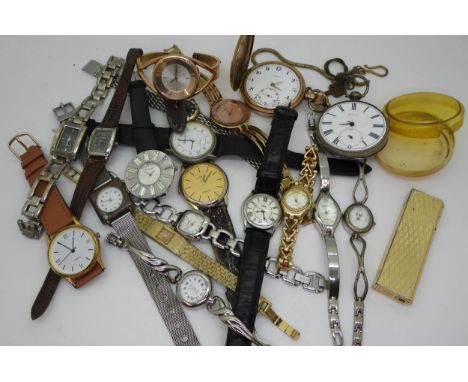 A collection of fashion watches to include Sekonda, Fossil, and Excalibur, a Colibri lighter, a white metal pocket watch and 