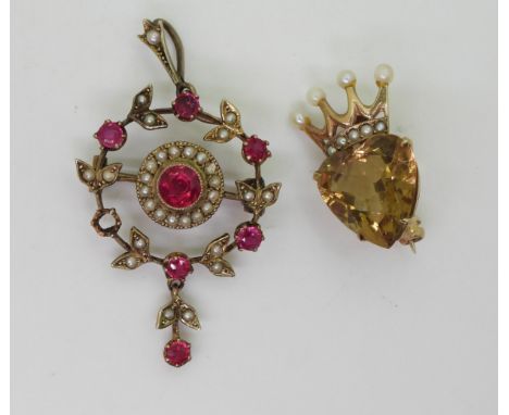 A 9ct gold citrine and pearl set luckenbooth brooch, together with a red gem and pearl set Edwardian pendant brooch (one ston