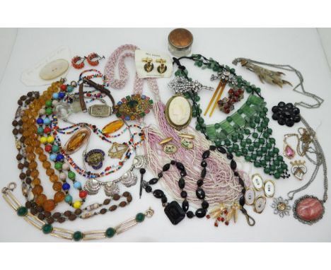 A black glass mourning fob chain, vintage beads, Czech glass brooch, Jack Russel cufflinks and other items Condition Report:N