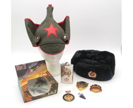 Soviet memorabilia, comprising faux fur winter hat, reproduction Red Army Budenovka&nbsp;felt cap, stainless steel Air Force 