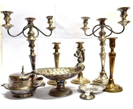 A QUANTITY OF SILVER-PLATED ITEMS  comprising a pair of candlesticks, comprising  pair pf three light candelabra, a pair of c