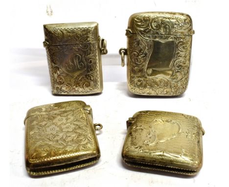 FOUR SLVER VESTA CASES  Comprising leaf and scroll engraved by William Turner 1901, a larger version with plain scroll cartou