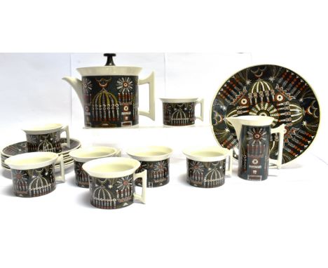 SUSAN WILLIAMS ELLIS FOR PORTMEIRION:  'Magic City' teaware comprising six cups, six plates, milk jug, sugar basin, sandwich 