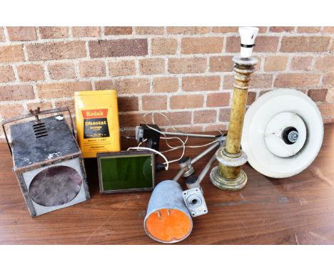 TWO INDUSTRIAL MACHINIST BENCH LAMPS  three further various metal light fittings and an alabaster table lamp (6)