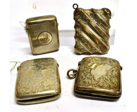 FOUR SILVER VESTA CASES  Comprising a leaf decorated by John Grinsall 1896, a diagonally fluted and engraved by Thomas Hayes 