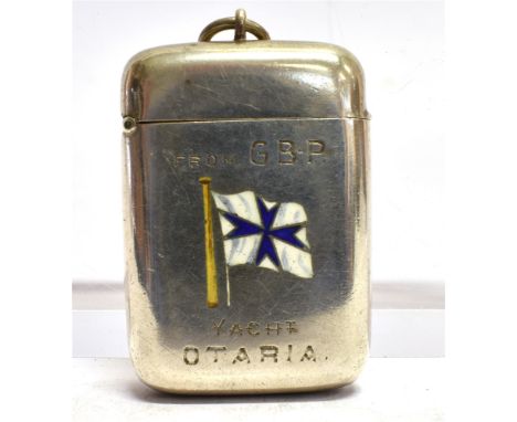 OF GEORGE BADEN POWELL INTEREST: A SILVER AND ENAMEL VESTA CASE Engraved G.B.P YACHT OTARIA with enamelled yacht ensign, the 