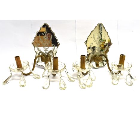 A PAIR OF VENETIAN STYLE GILT METAL GLASS AND MIRRORED TWO LAMP WALL LIGHT FITTINGS  the mirrored backs 27cm high 17cm wide