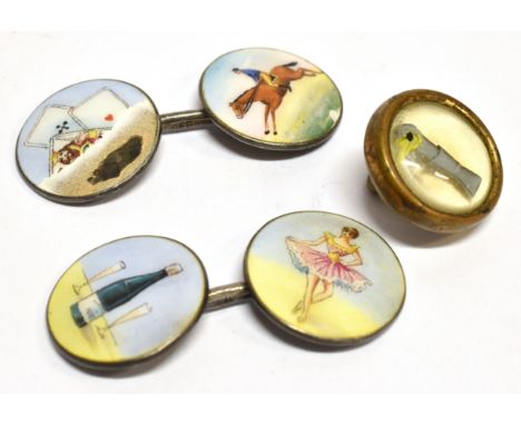 A PAIR OF CONTINENTAL SILVER AND ENAMEL CUFFLINKS the round cufflinks with painted enamel of a racing horse, cards, champagne