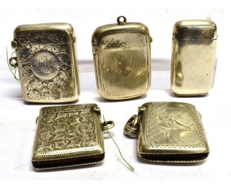 FIVE SMALL/MINIATURE SILVER VESTA CASES comprising two scroll engraved, two engine turned and one plain