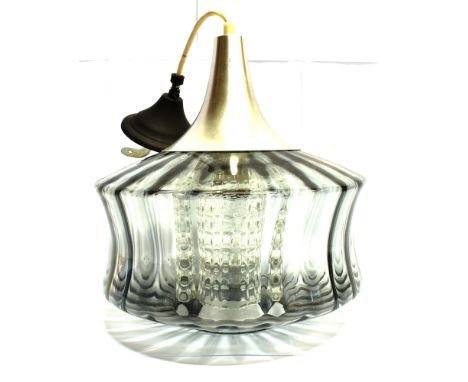 A DANISH CHROME, TEXTURED GLASS AND SMOKED GLASS CEILING LIGHT PENDANT  28cm diameter 54cm high