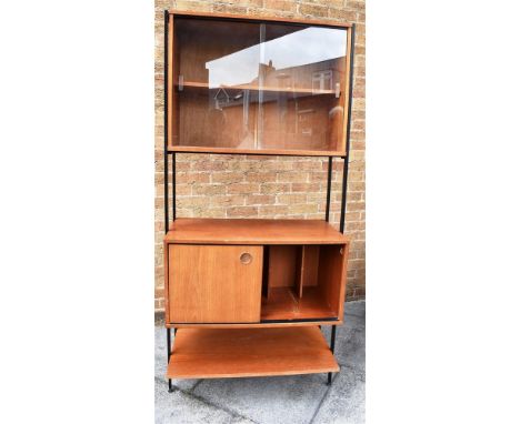 AN AVALON METAL AND TEAK SECTIONAL SHELF SYSTEM  comprising cabinet with sliding doors, cabinet with sliding glazed doors and