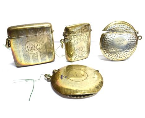FOUR VESTA CASES comprising two slim circular examples with dimpled finish by Deakin and Francis 1906 and John Grinsell 1907,