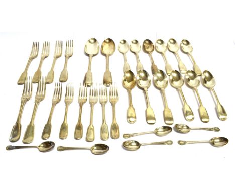 ASSORTED SILVER FLATWARE Comprising mainly Victorian set of six table forks, six dessert forks, two sets of six dessert spoon