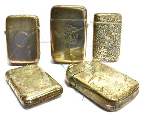 FIVE SILVER VESTA CASES comprising a plain with push button release 1869; an aesthetic style with wren in a branch 1879; a sw