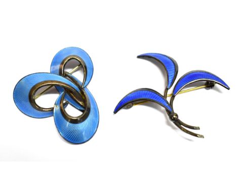 TWO SCANDINAVIAN SILVER AND ENAMEL BROOCHES:  one modelled as three stylised leaves stamped 'EDELMETAL 925S', approx. 50mm hi