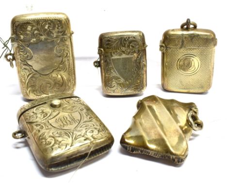 FIVE SILVER VESTA CASES  comprising three miniatures hallmarked in Chester 1898, 1899 by William Neale, 1902 by William Neale
