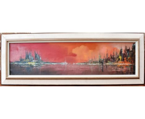 A 1960S OIL ON CANVAS  depicting a stylised seascape scene, indistinctly signed, 21cm x 82cm, Swedish gallery label verso