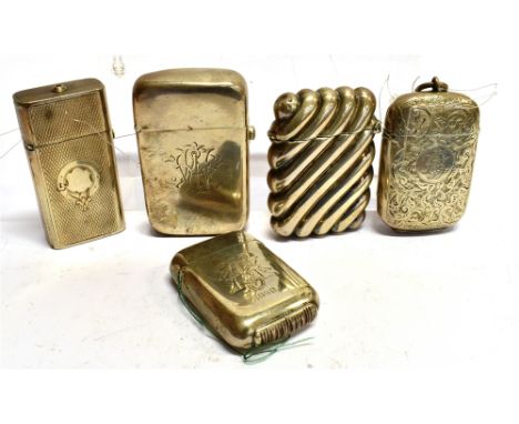 FIVE SILVER VESTA CASES comprising a plain with initials 1885; a scroll pattern 1886; an engine turned example 1870; a small 