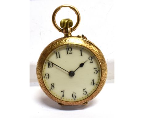 AN EDWARDIAN LADIES 15CT GOLD AND ENAMEL FOB WATCH White dial, black Arabic numerals, floral enamelled back, to winding lever